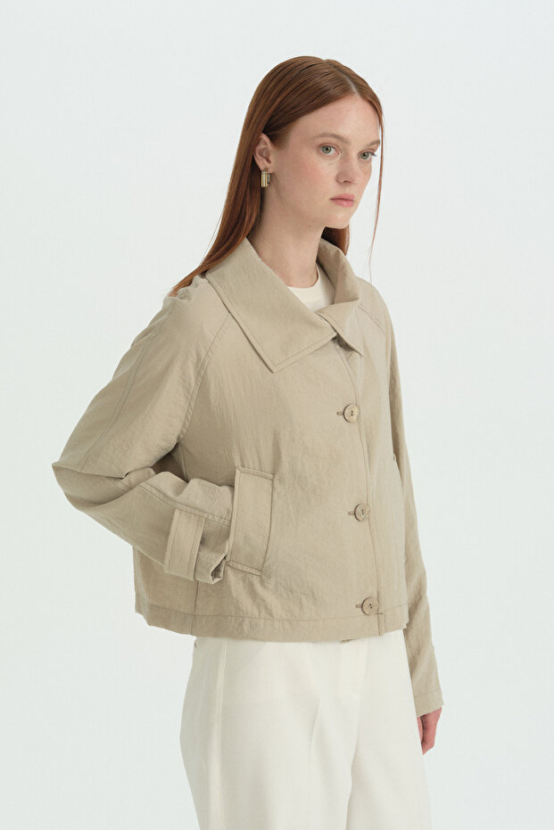 Button Detailed Crop Jacket - Beige - 2