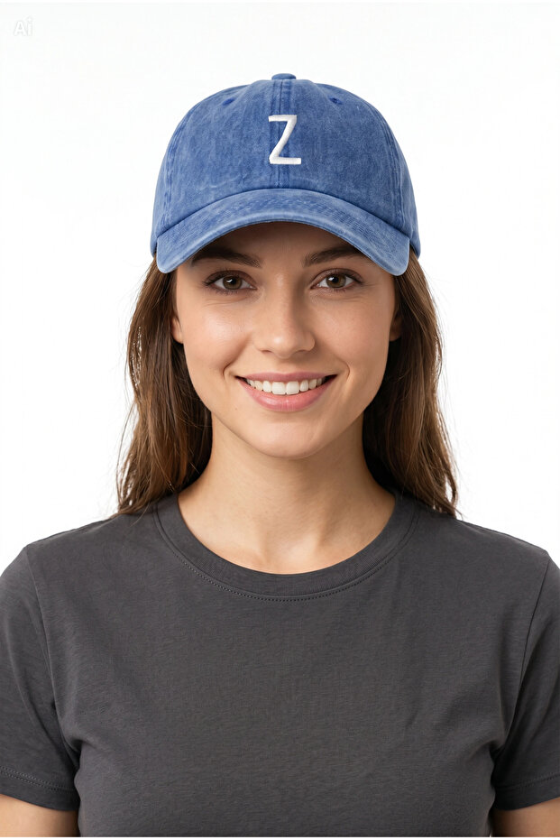 Z Letter Cobalt Blue Embroidered Washable Vintage Unisex Hat