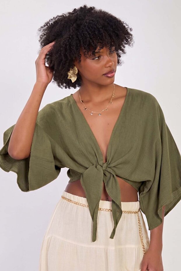 Women's Tie-Front Crop Blouse - Khaki