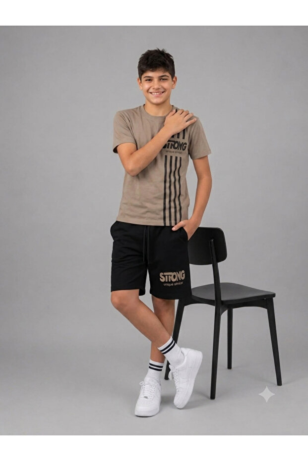 Boy's Printed T-Shirt Shorts Modern Line Patterned Set (Casual Summer Sportswear)
