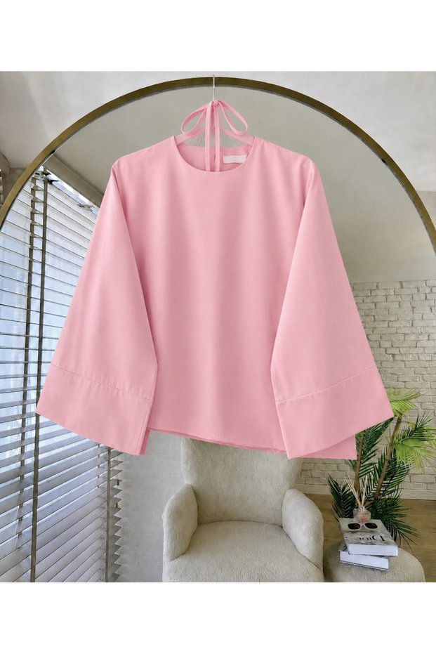 Women's Asymmetrical Cut Flounce Sleeve Poplin Fabric Lace-Up Blouse