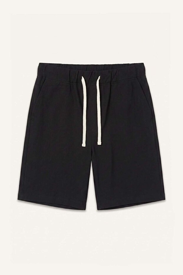 100% Cotton Relax Fit Elastic Waist Black Bermuda Shorts H8820Ax26Sm