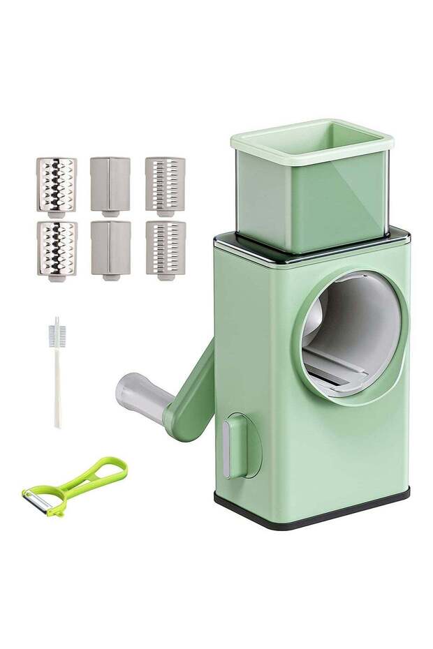 Rotary Vegetable Cutter + Cheese Grater - Vegetable Shredder Round Slicer, Grater, Salad Maker - Large Feed Port - Suction Base - Vegetable, Fruit, Cookie