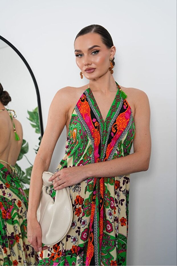 Ethnic Patterned Backless Slit Long Dress - 4