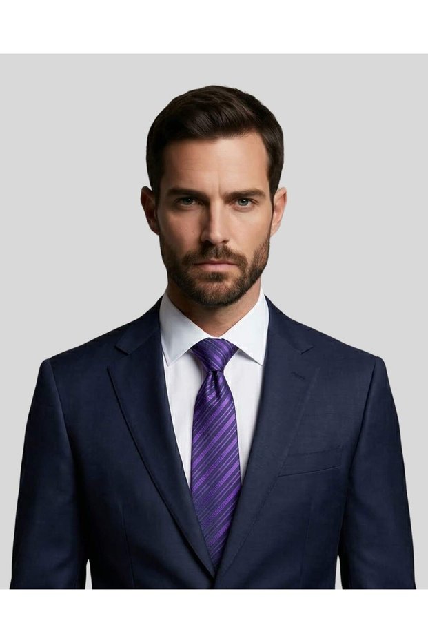 Purple Striped Navy Blue Silk Tie – 7.5 cm Wide