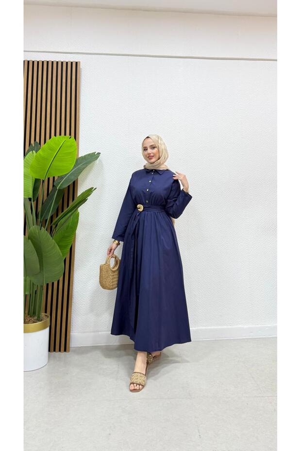 Women's Buttoned Buckle Belt Detailed Hijab Dress