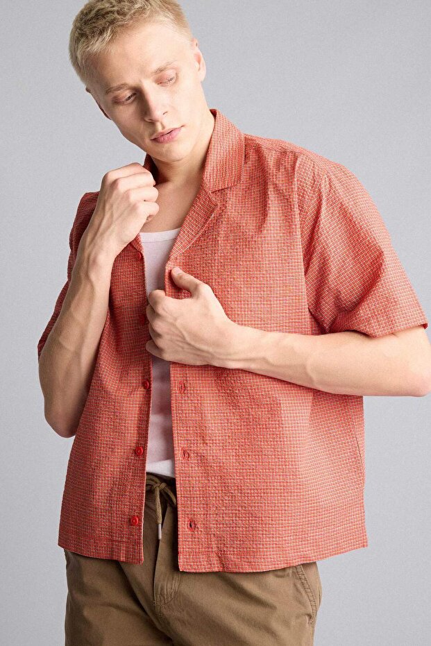 Boxy Fit Apaş Collar Checkered Seersucker Textured Short Sleeve Orange Shirt G4146Ax26Sm