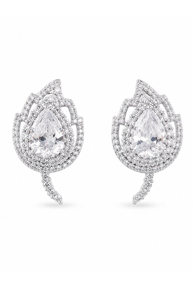 Brass Silver Color Zircon Stone Leaf Model Women's Earrings