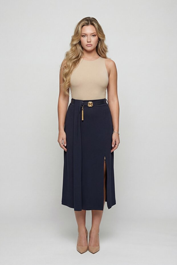 Women's Navy Blue Summer High-Waisted Skirt with Belt and Accessory Detail
