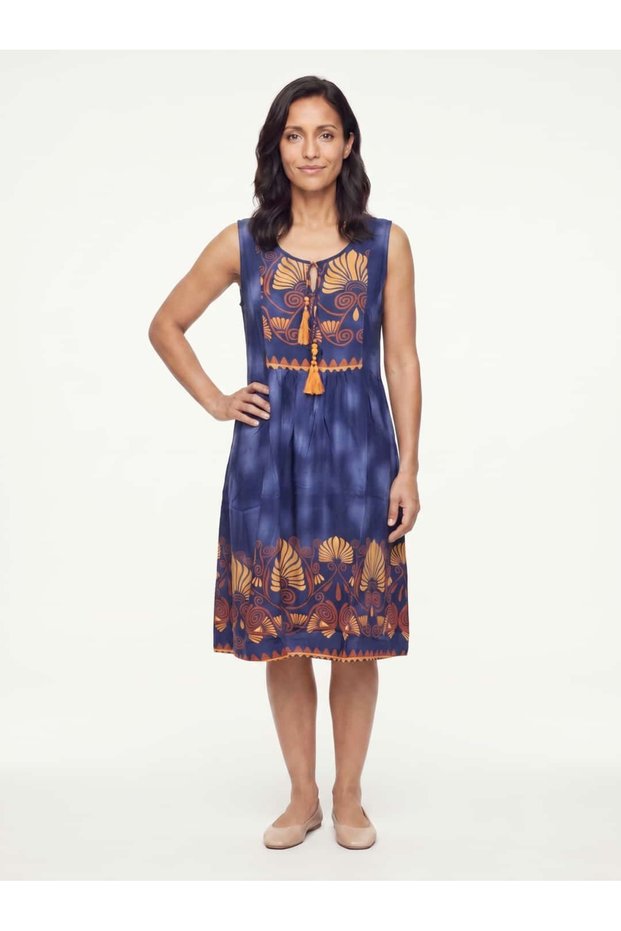 Women's Summer Midi Dress Sleeveless Ethnic Floral Patterned Viscose Tassel Detailed Navy Blue