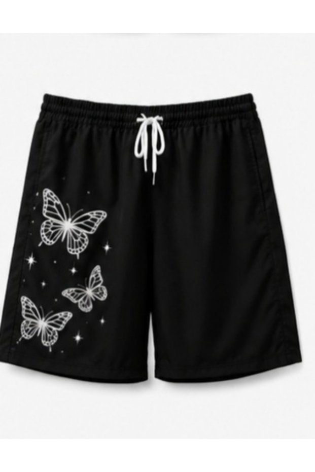Hanangiyim Black Shorts Printed Comfortable Fit Elastic Waist Daily Sports Summer