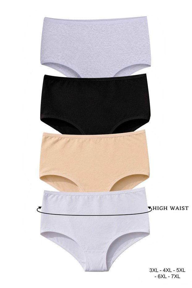 Women's Laundry Cotton Solid Color High Waist Wide Waistband Bato Panties 4-Pack (3-4-5-6-7 XL)