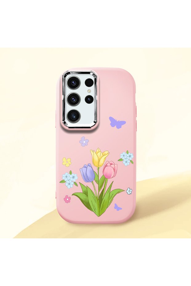Samsung Galaxy S23 Ultra Compatible Case Camera Protector Pink Silicone Couple Phone Case with Floral Pattern