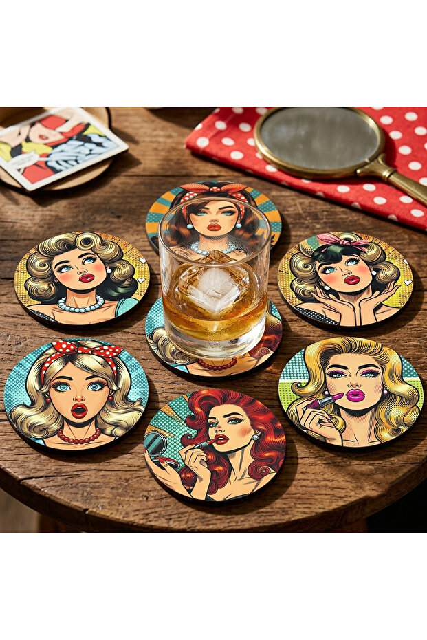 Pop Art Design Wooden Coasters Set of 6 - 3 mm Mdf Retro Women's Figures 9 cm Uv Printing Decorative Coasters