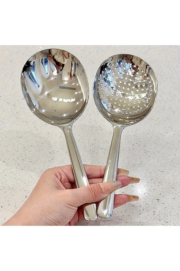 2PCS 2PCS Stainless Steel Ladle For Serving Soup Rice Serving Spoon Drain Hole Heat Insulated Handle