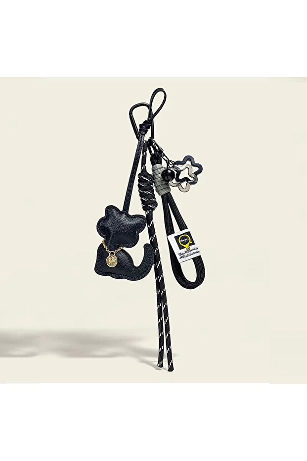 c-black Fashion String Leather Cat Pendant Bowknot Cartoon Key Ring Cute Creative Cat Bow Rope Keych
