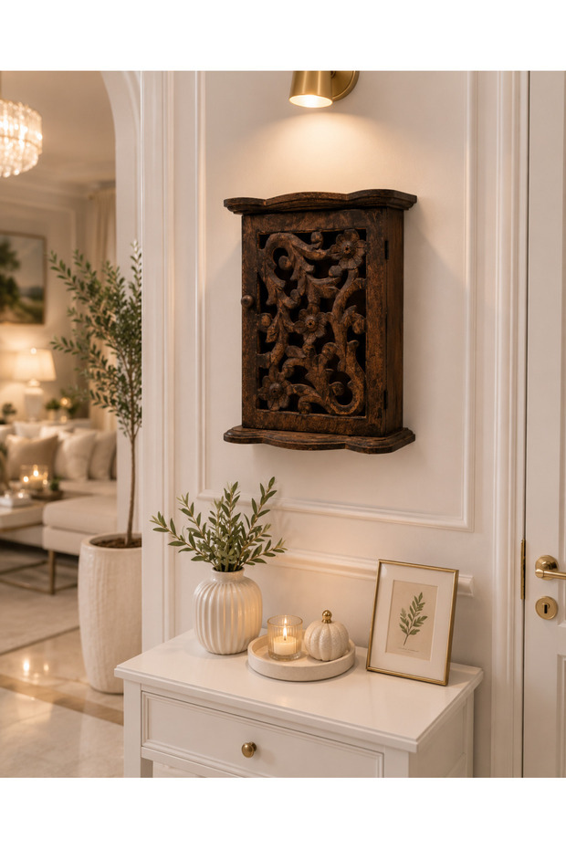 Hand Carved Design Wooden Multi-Purpose Keychain Cabinet
