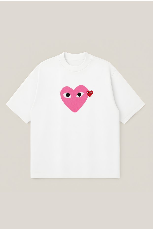 Comme Des Garçons Pink Heart Printed Oversize Boxy Cut Unisex 100% Cotton Printed Tshirt | Streetwear