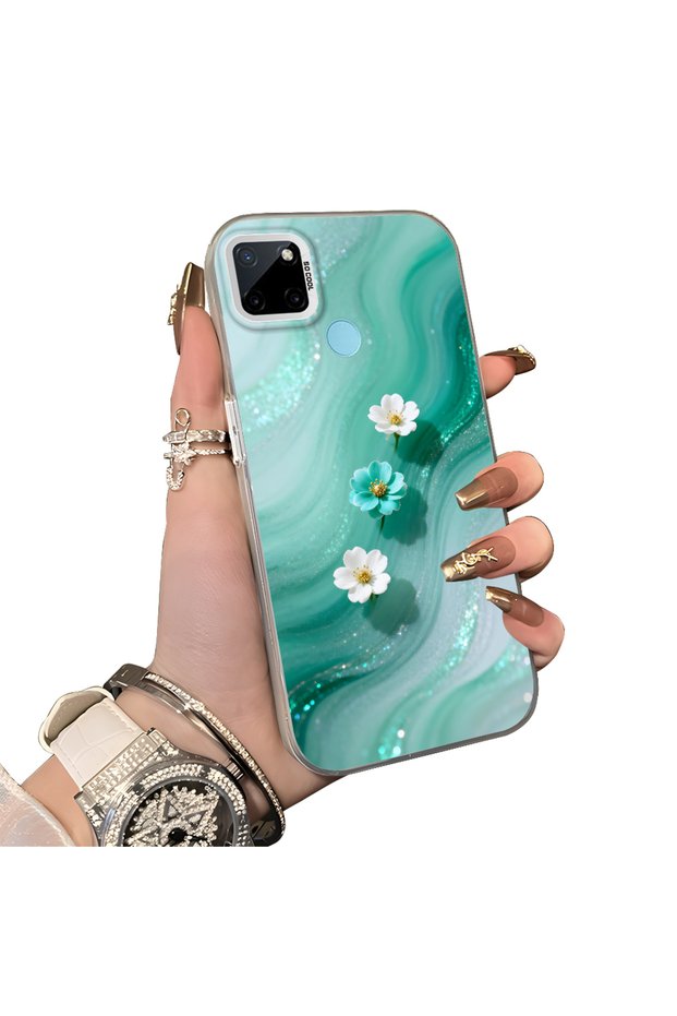 Realme C25Y Compatible Silicone Edge Hard Back Case Couple Phone Case with Floral Pattern