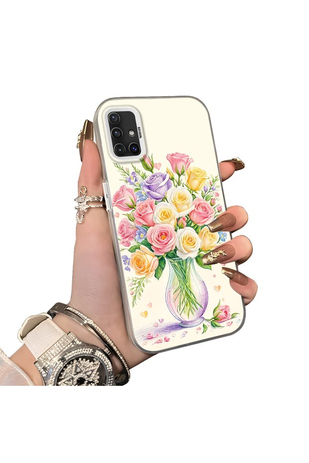 Samsung Galaxy A51 Compatible Silicone Edge Hard Back Case Couple Phone Case with Floral Pattern