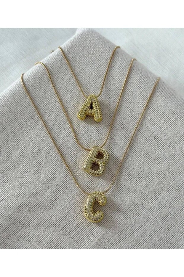 Accessory, Gold Steel Necklace with Zircon Stones and Chubby Letter, Italian Chain - Letter L