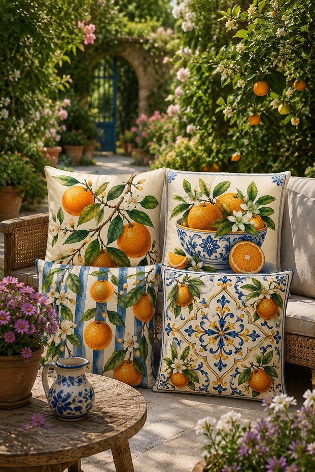 Orange Garden 4-Piece Throw Pillow Cover + 1 Piece Runner Set