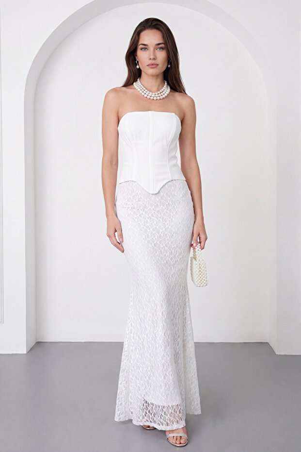 Women's White Strapless Collar Lace Fishnet Dress