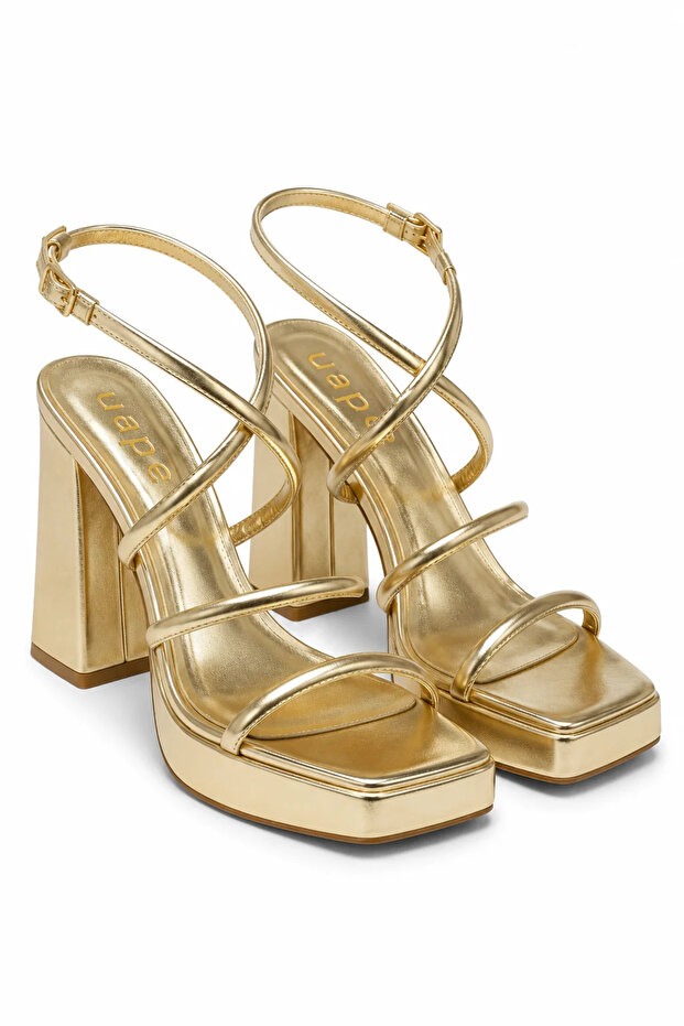 Women's Platform Heeled Ankle Strap Thin Strap Evening Dress Sandals Viona - Gold