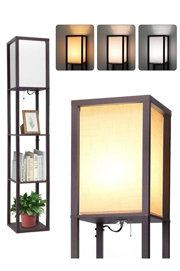 Floor Lamp with Shelves, Modern Standing Shelf Lamp for Living Room Office - Walnut Black
