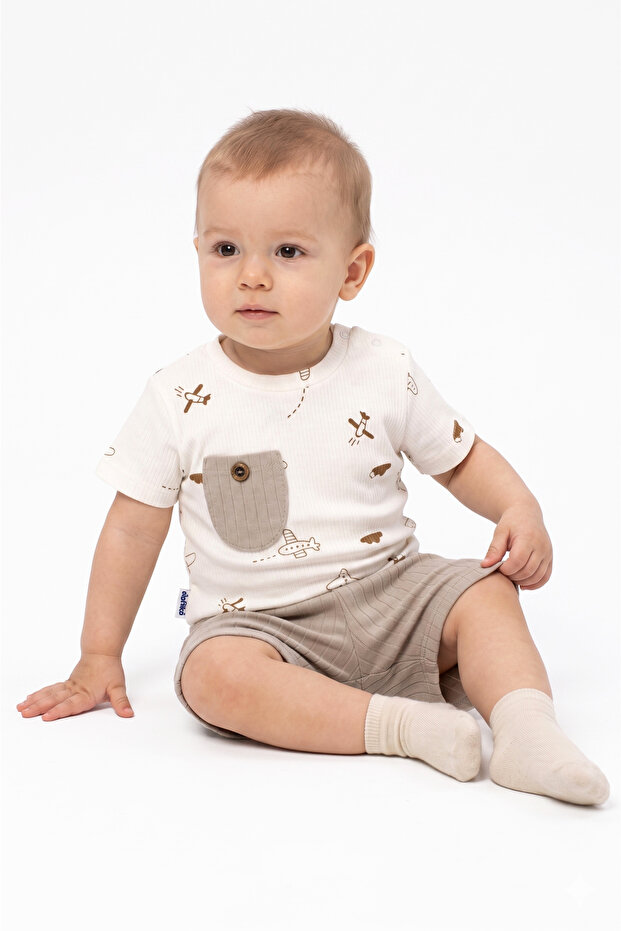 Baby Boy Ecru Beige Airplane Printed Pocket Shorts 2-Piece Set