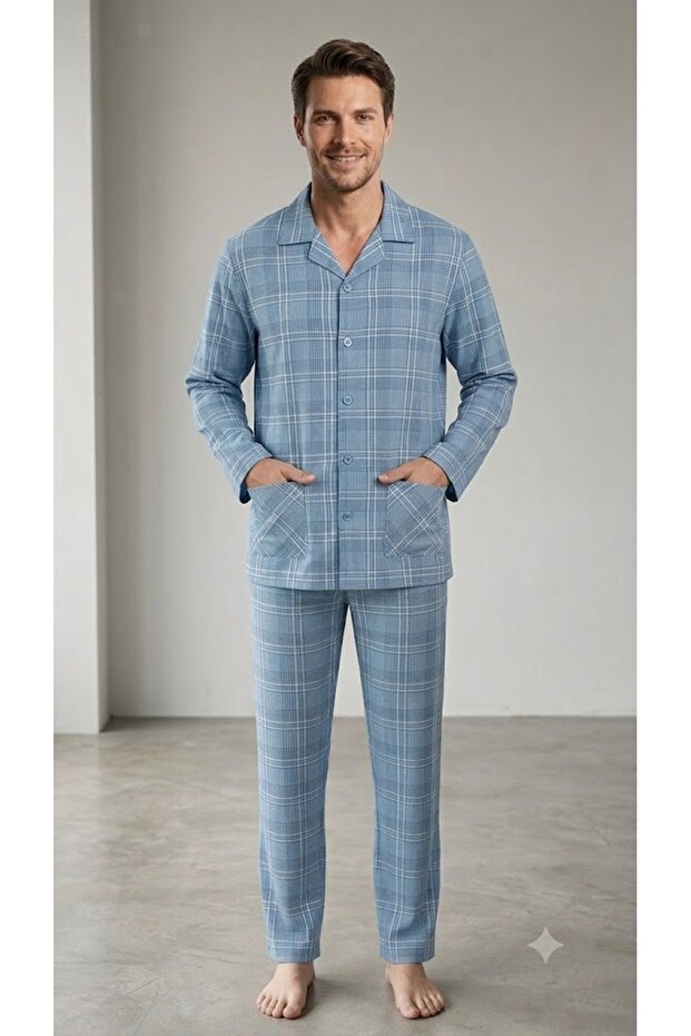 Aysun Teksti̇l Men's Shirt Collar Comfortable Fit Front Pocket Front Buttoned Seasonal Large Size Pajama Set %100 Cotton