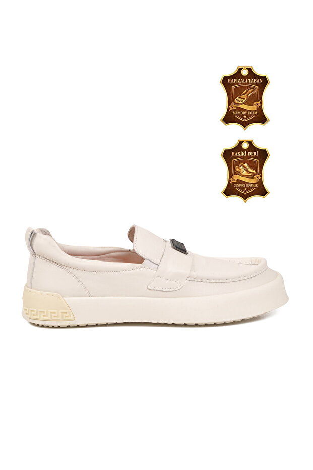 Cream Genuine Leather Memory Sole Men's Casual Shoes