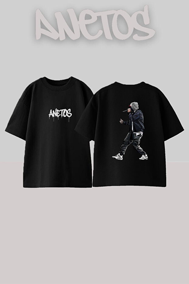 Hooded Rapper Design Printed Unisex Oversize Black Tshirt
