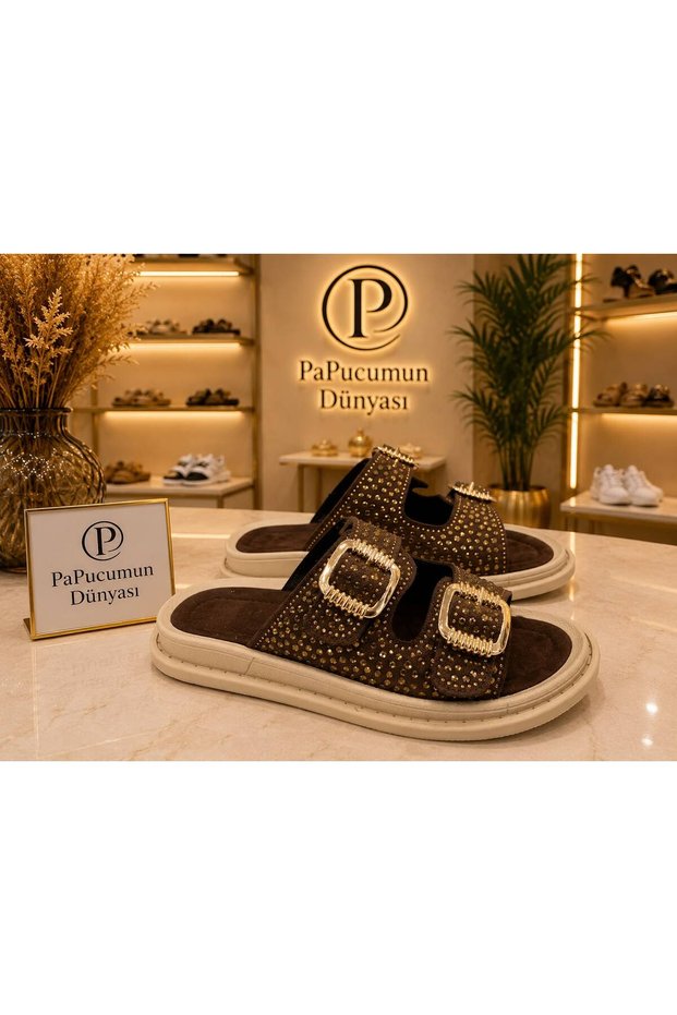 Women's Double Buckle Shiny Stone Embellished Stylish Comfortable Indoor-Outdoor Slippers