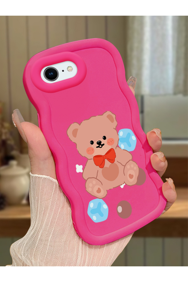iPhone Se 2022 Compatible Case Camera Protector Red Silicone Couple Phone Case Bear Pattern