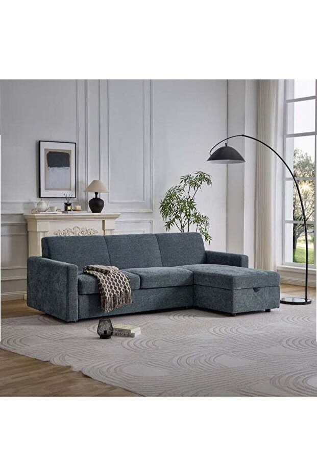 Darion Fabric Right Corner Sofa Bed With Storage - Blue