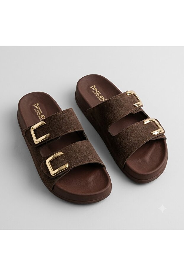 (Pollen) Velcro Very Comfortable Daily Women's Slippers Brown