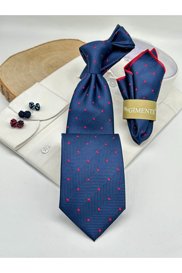 Classic Tie with Red and Navy Blue Patterned Handkerchief