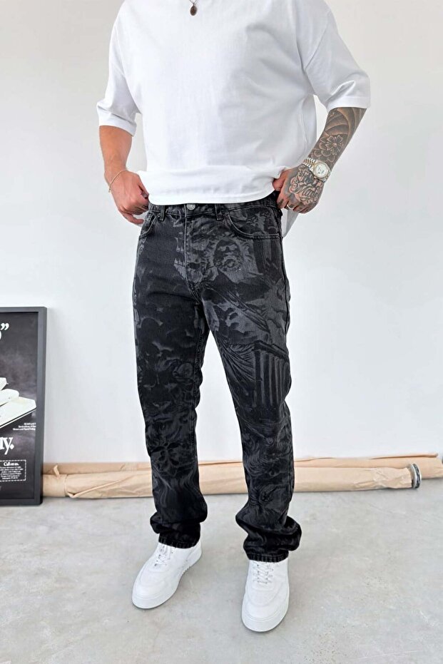 Black Premium Urban Style Printed Baggy Pants