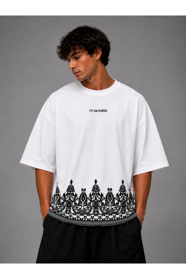 Ottoman Patterned Oversize Unisex T-Shirt – Ethnic Motif Printed Short Sleeve Streetwear T-Shirt