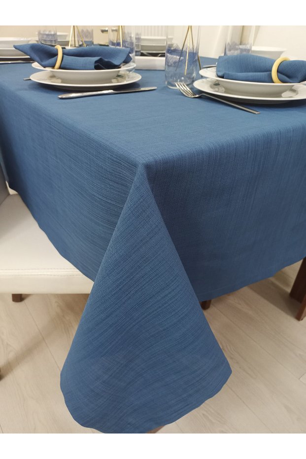 Indigo Blue Linen Look Tablecloth | Stain Resistant | Oeko-Tex | Custom Size Production | Stylish Dining Table Cover