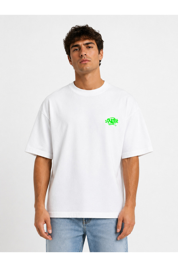 Unisex Women's Men's Synaworld Written Logo Front Printed Oversize Thick Fabric Relaxed Cut Cotton T-Shirt