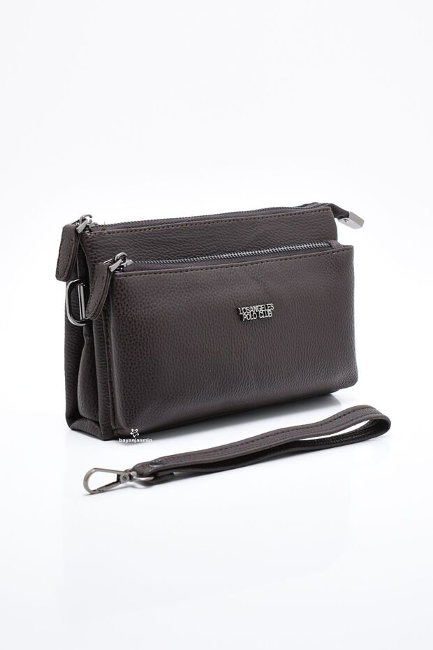 Brown Men's Portfolio Handbag Multi-Pocket Wrist Strap Wallet Bag