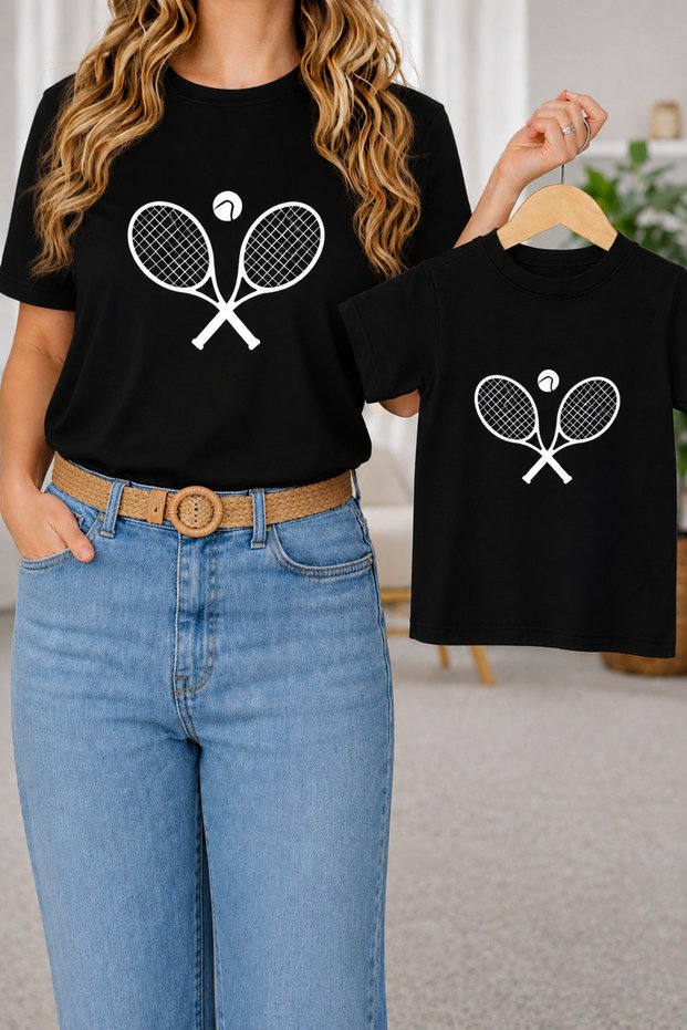 Mother Daughter Combination Oversize Racket Printed T-Shirt Twin T-Shirt 100% Cotton Comfortable Fit (Single Price)