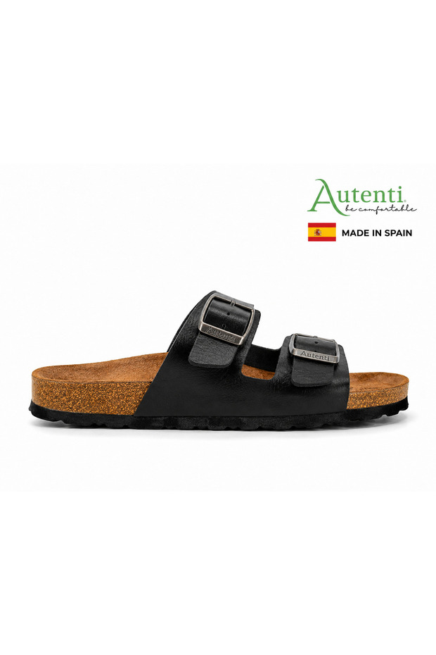 Autenti Women's Full Orthopedic Leather Black Slippers - Genuine Cork Fussbett-Eva Sole - Made in Spain