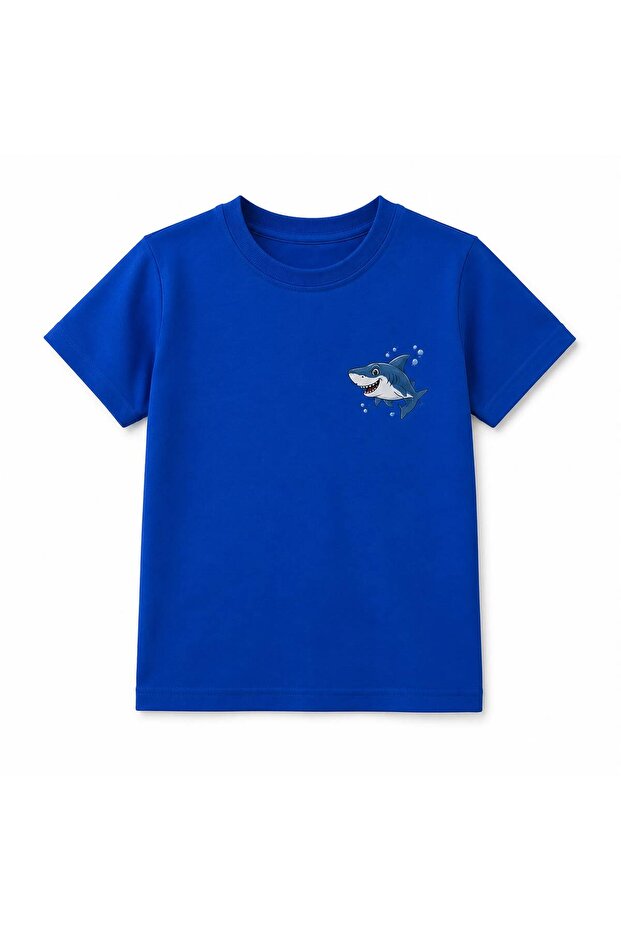 Boy's Cobalt Blue Shark Printed Crew Neck T-Shirt