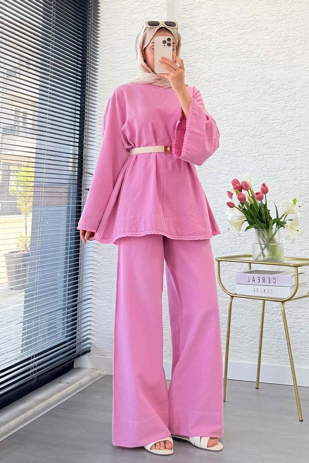 Premium Fisto Detailed Nua Linen Trousers Set - Pink