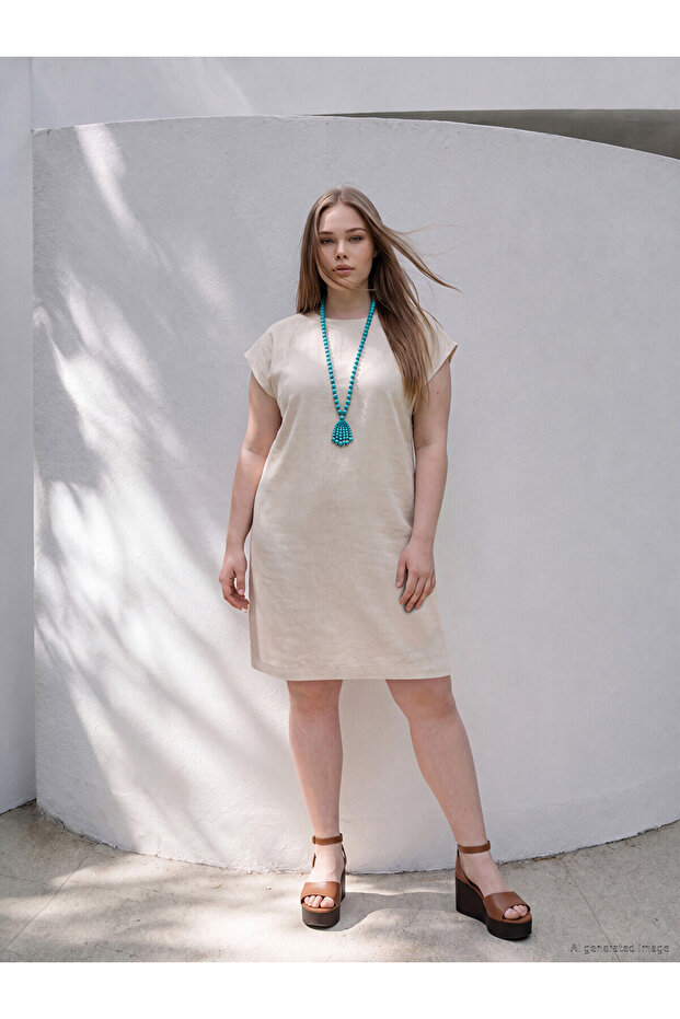 Trendlucky Plus Size A-Line Linen Blend Dress with Difference