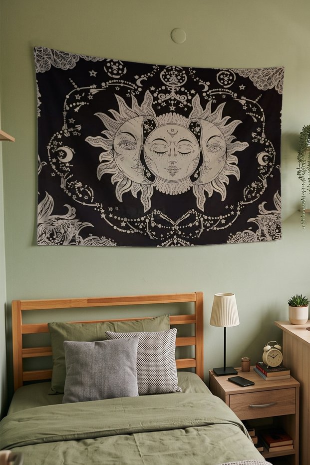 Horizontal Mystical Triple Moon and Sun Themed Wall Covering – Modern Decorative Quality Fabric Tapestry Wall Tapestry