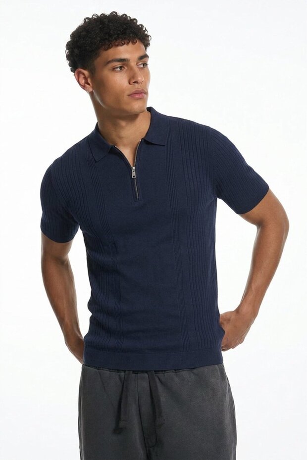 Men's Regular Striped Navy Blue Short Sleeve Polo Collar t Shirt